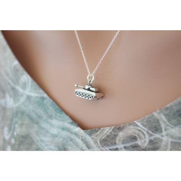 Sterling Silver Military Tank Pendant Necklace, Military Tank Necklace - Picture 2 of 4